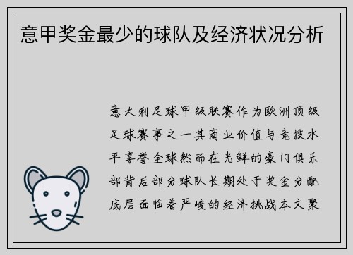 意甲奖金最少的球队及经济状况分析