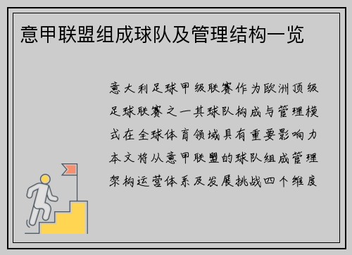 意甲联盟组成球队及管理结构一览